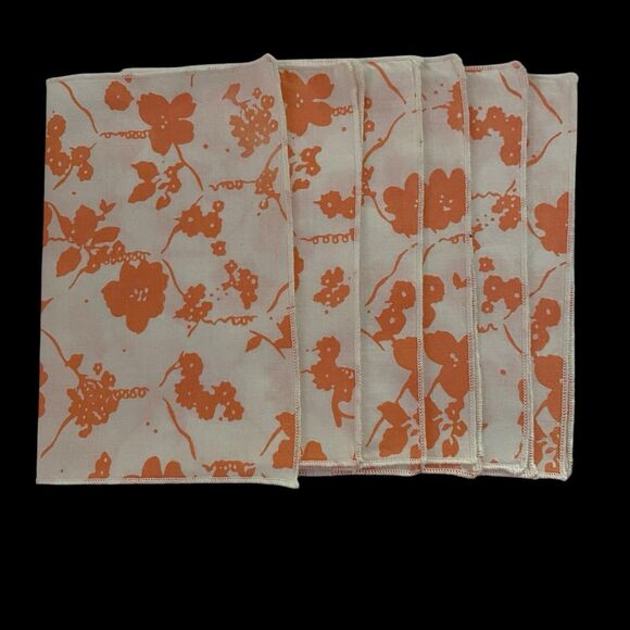 Vintage 1970s Cocktail Napkins Orange White Floral Cloth Set Of 6 - Picture 1 of 4